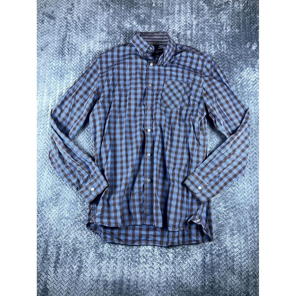 Black Brown Shirt Mens Medium Blue Plaid Cotton Long Sleeve Casual Button Down